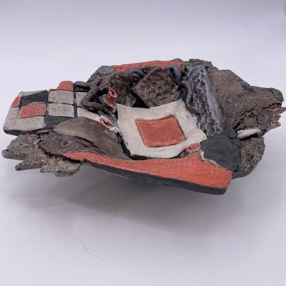 Unique Decorative Bowl Handmade Mixed Media Art Dish Tray Multicolor Orange Gray - Picture 14 of 16